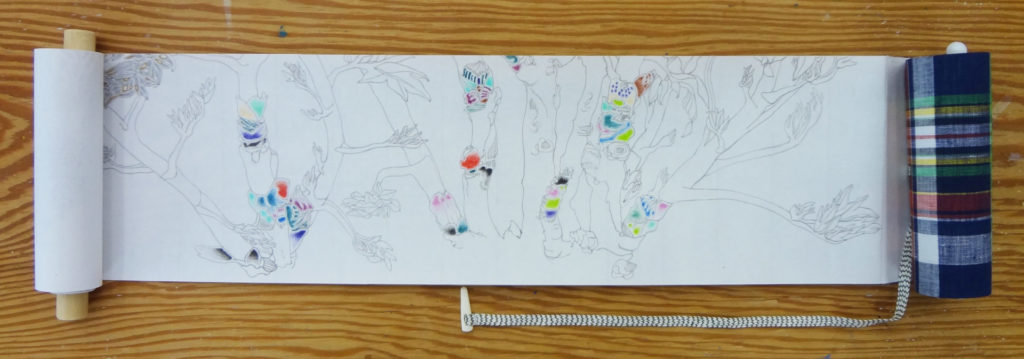 カラフルと骨（部分）　colorfull and bone (part) | 2018 | 125×757mm | sumi, colorpencil on paper